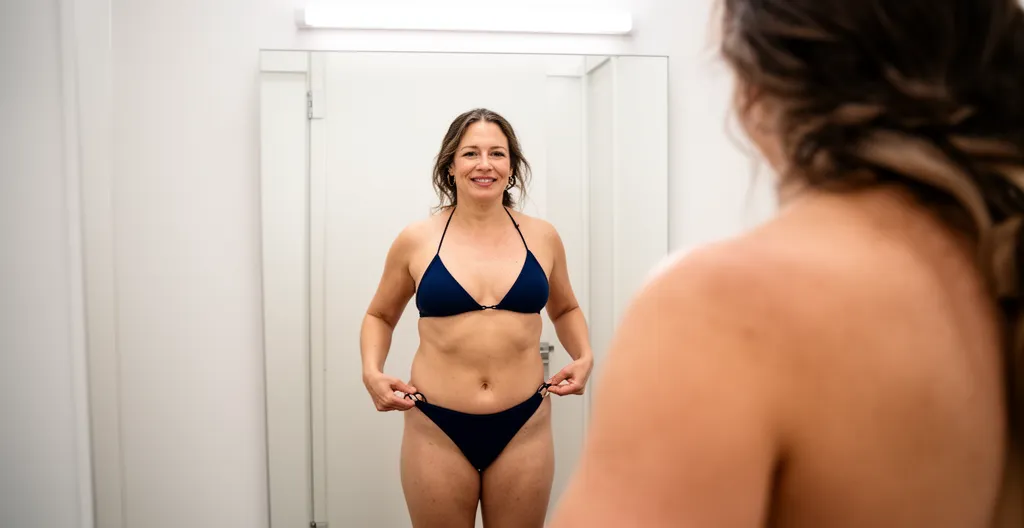 Femme essayant un bikini taille haute devant un miroir en cabine d'essayage